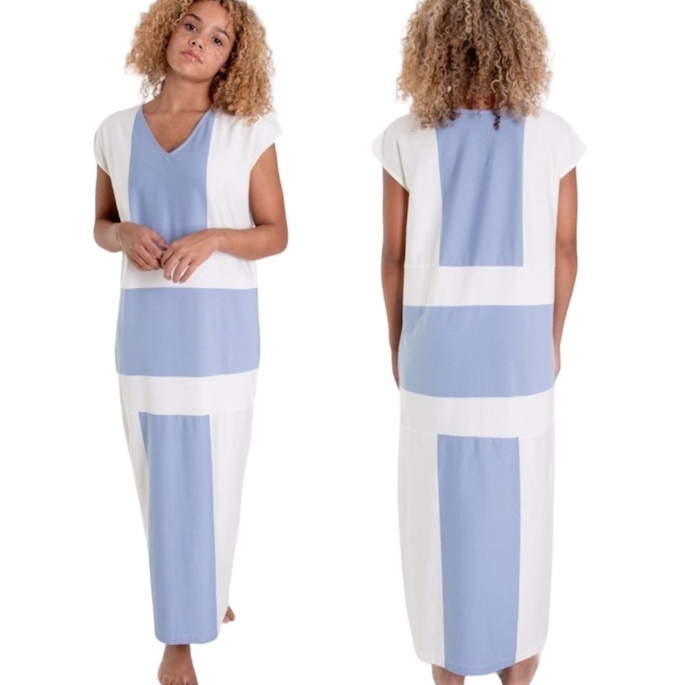 Beaumont Organic Blue Angela Maxi Dress‎ Ethical Cotton Lagenlook V-neck Relaxed